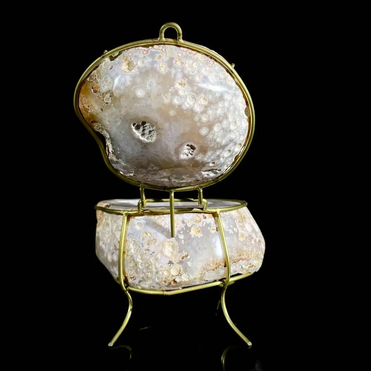 Natural Agate Geode Slice Pair on Metal Stand | Museum Grade Display Mineral Specimen | Decorative Home & Office Decor | 520 g | 14.5*9*7 cm