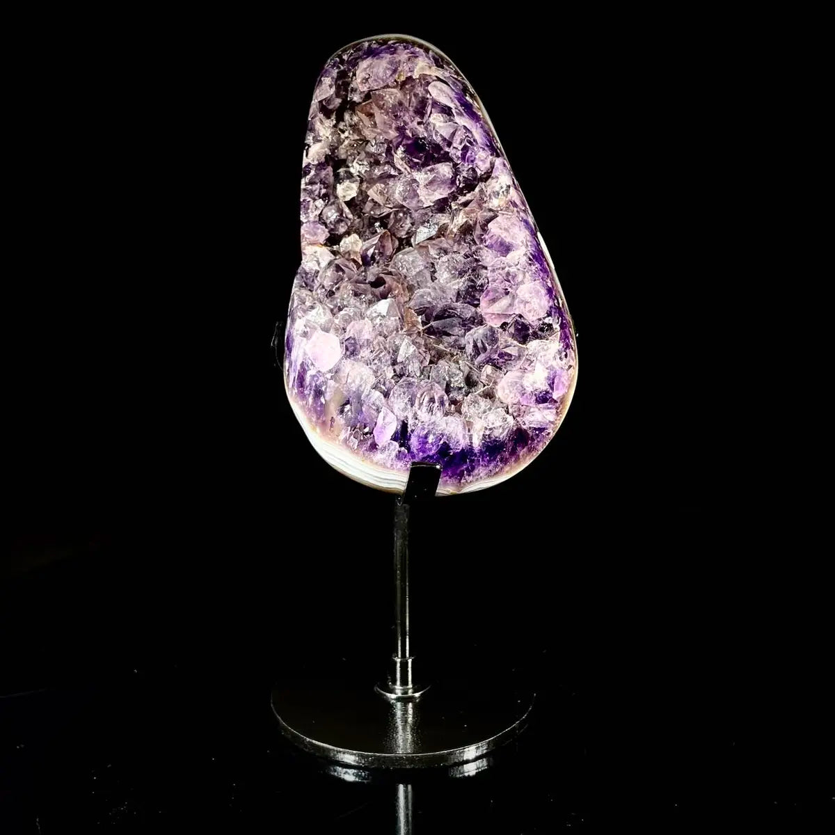 Natural Amethyst Crystal Cluster on metal Stand | Museum Grade Display Mineral Specimen | Decorative Home & Office Stone Decor | 910 g | 19*7*8 cm