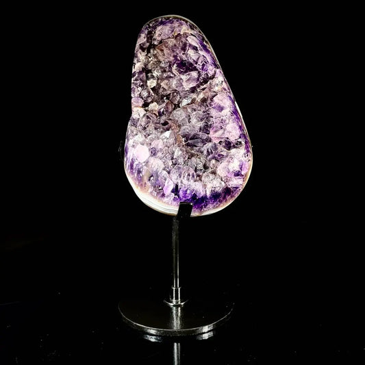 A517-Natural Amethyst Crystal Cluster on metal Stand | Museum Grade Display Mineral Specimen | Decorative Home & Office Stone Decor | 910 g | 19*7*8 cm