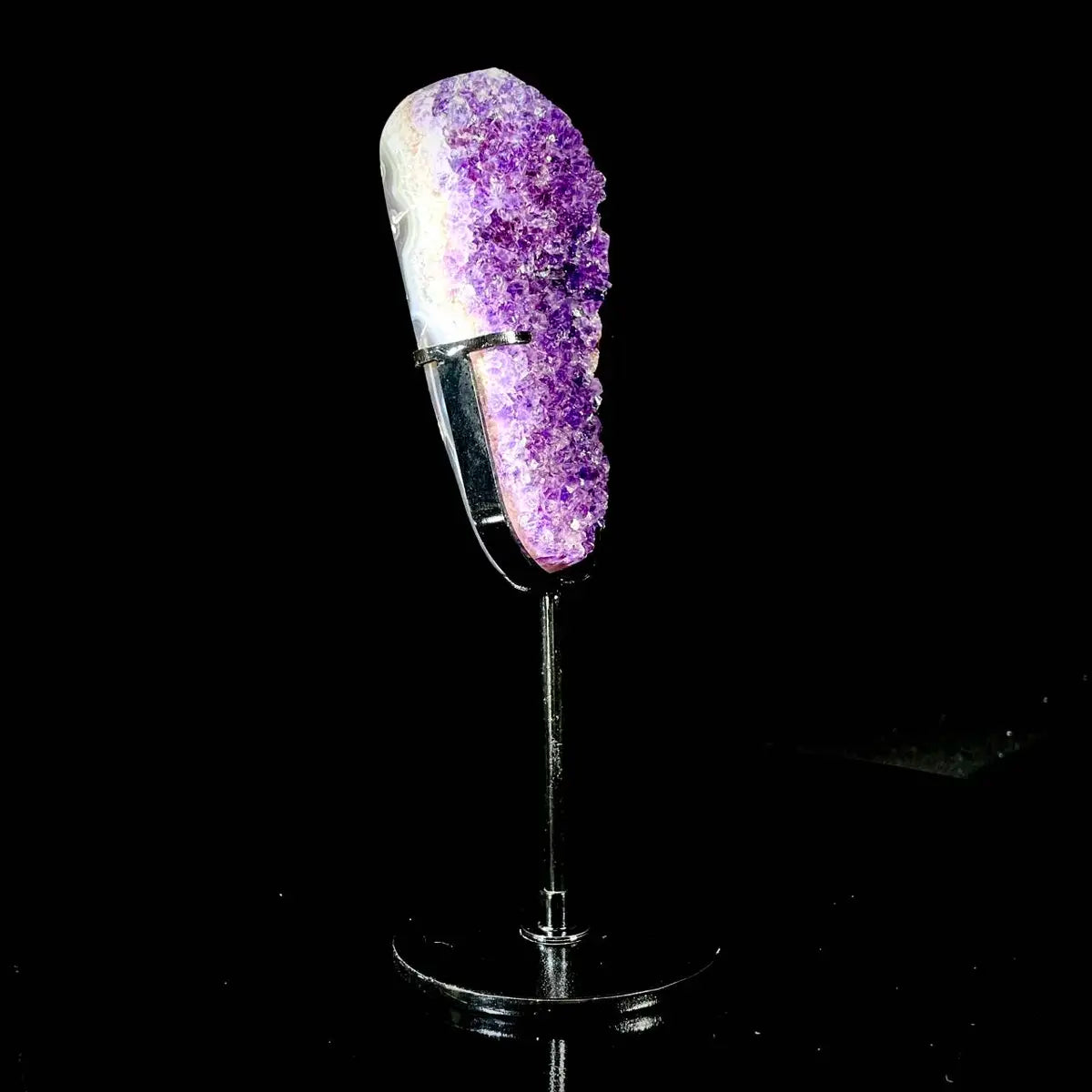 Natural Amethyst Crystal Cluster on metal Stand | Museum Grade Display Mineral Specimen | Decorative Home & Office Stone Decor | 550 g | 21*6*4 cm