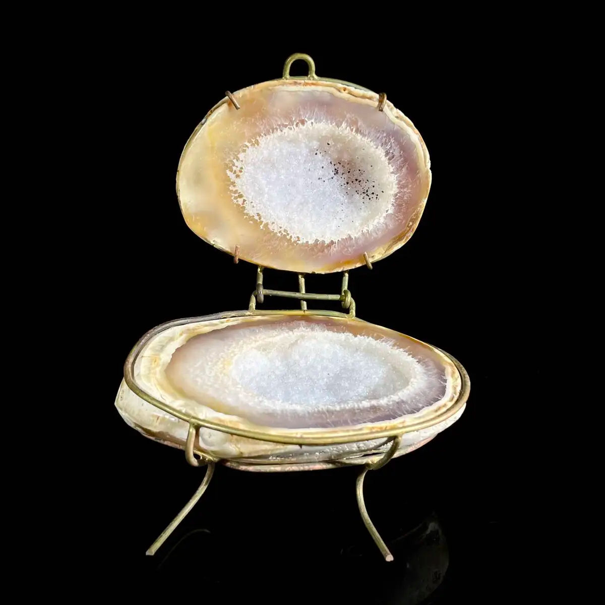 Natural Agate Geode Slice Pair on Metal Stand | Museum Grade Display Mineral Specimen | Decorative Home & Office Decor | 270 g | 11*9*6.5 cm