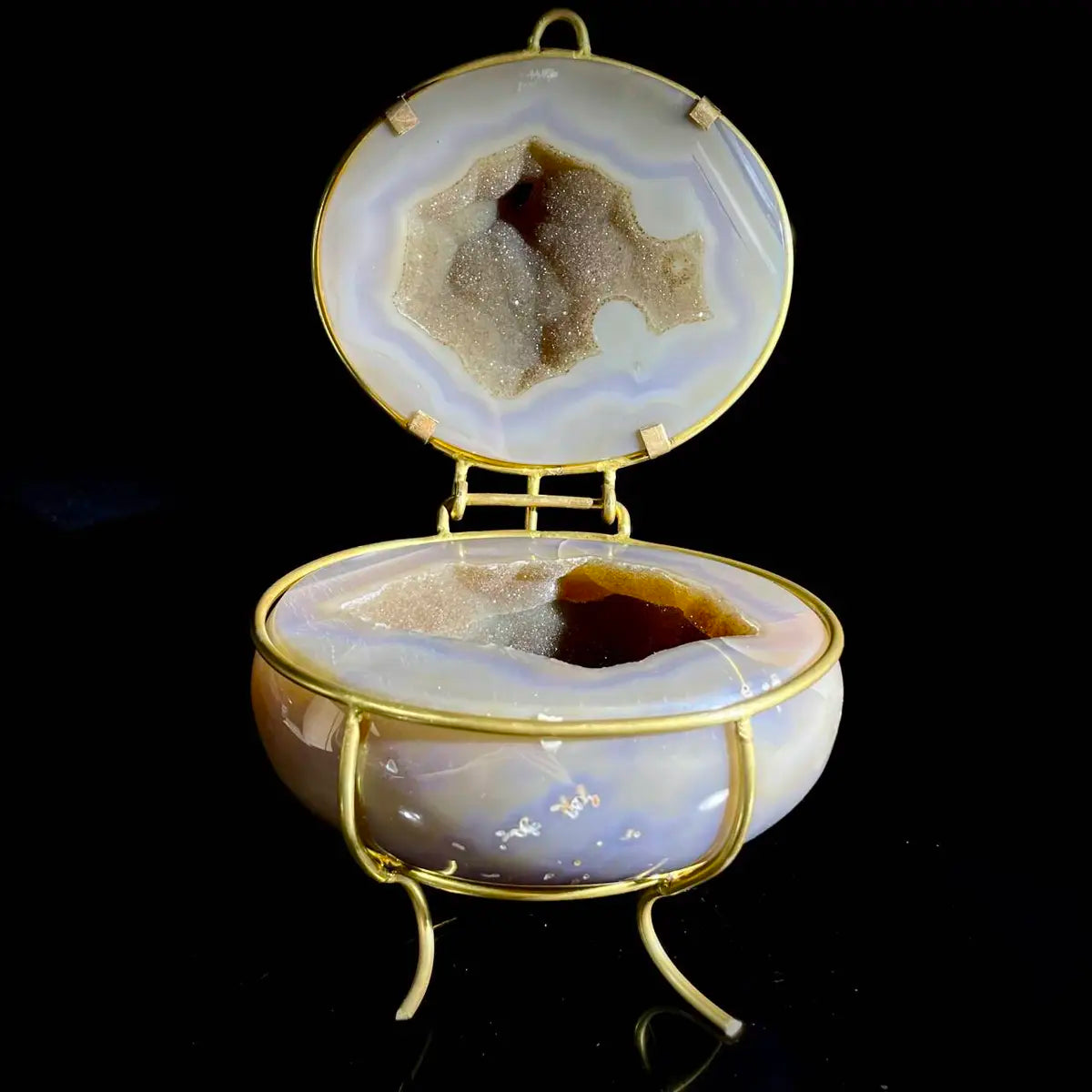 Natural Agate Geode Slice Pair on Metal Stand | Museum Grade Display Mineral Specimen | Decorative Home & Office Decor | 1000 g | 16*11*9 cm