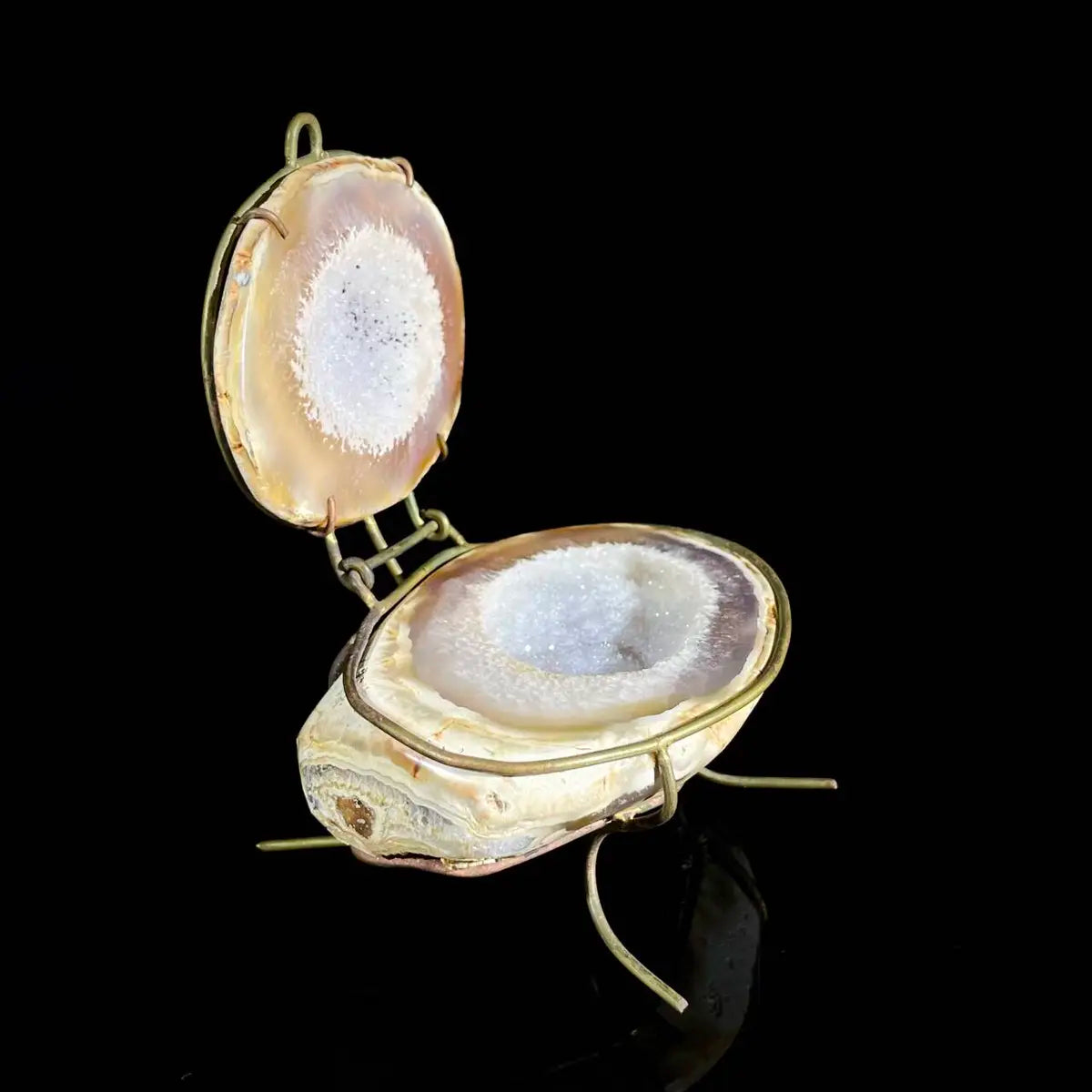 Natural Agate Geode Slice Pair on Metal Stand | Museum Grade Display Mineral Specimen | Decorative Home & Office Decor | 270 g | 11*9*6.5 cm