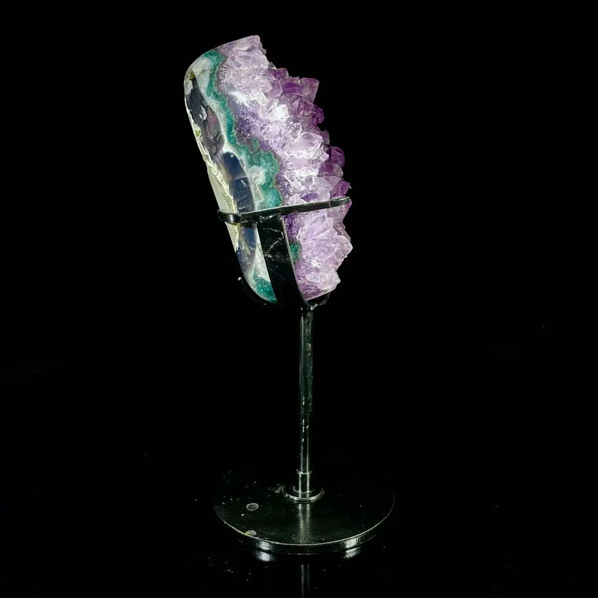 Natural Amethyst Crystal Cluster on metal Stand | Museum Grade Display Mineral Specimen | Decorative Home & Office Stone Decor | 730 g | 19*6.5*4 cm