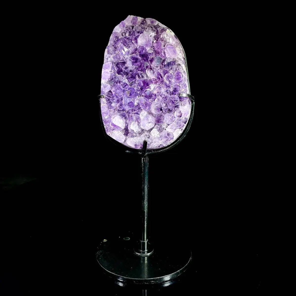Natural Amethyst Crystal Cluster on metal Stand | Museum Grade Display Mineral Specimen | Decorative Home & Office Stone Decor | 730 g | 19*6.5*4 cm